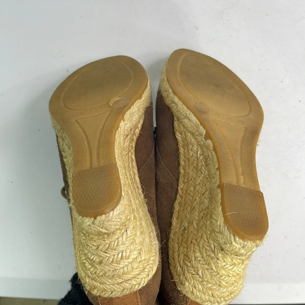 Brown suede lace up wedge espadrilles